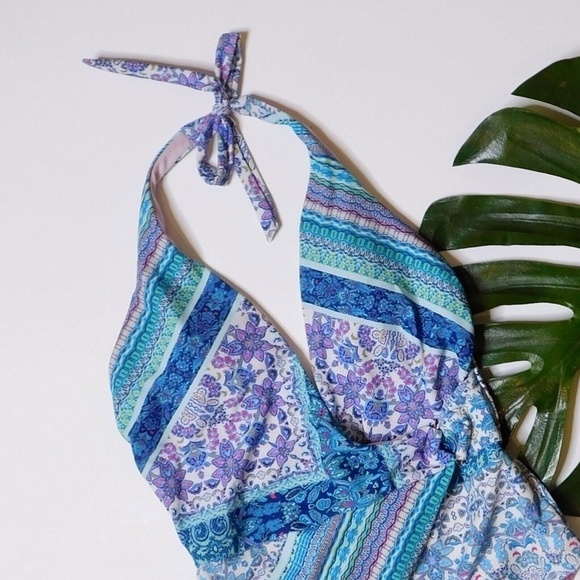 NANETTE LEPORE Poppy Floral Halter One Piece Swimsuit Plunge Beach Size 10 - Picture 5 of 16